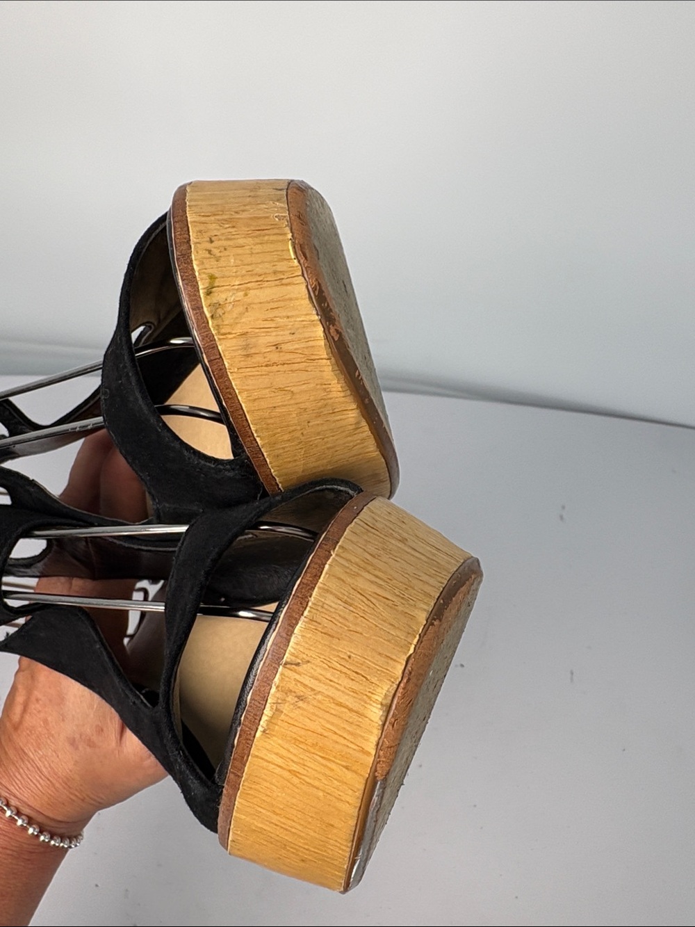π Very Volatile Black Suede Platform Sandals with Wood Block Heel and Ankle Tie - Picture 9 of 10